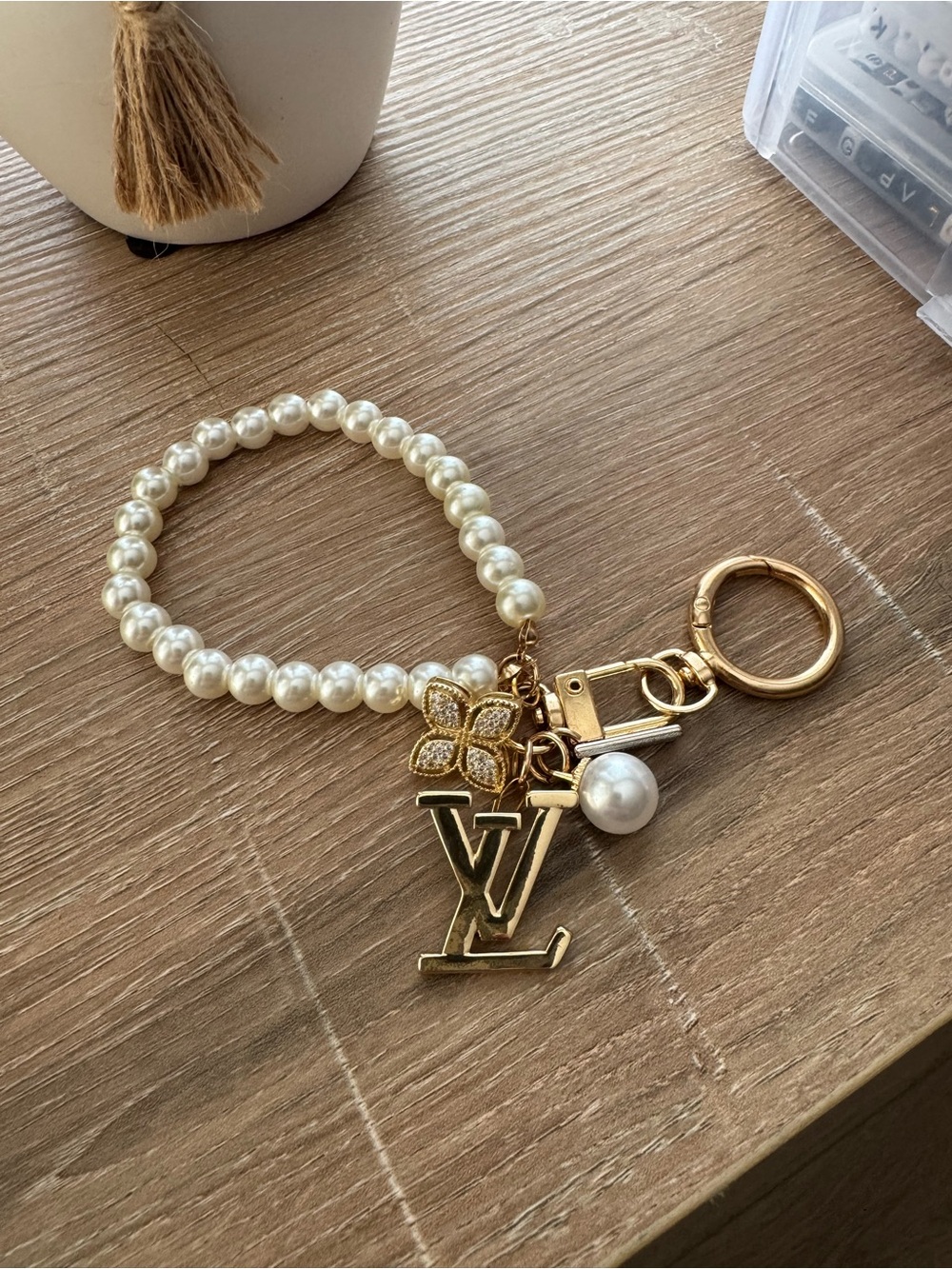 Designer style Gold & Pearl Bracelet Keychain with LV Charm